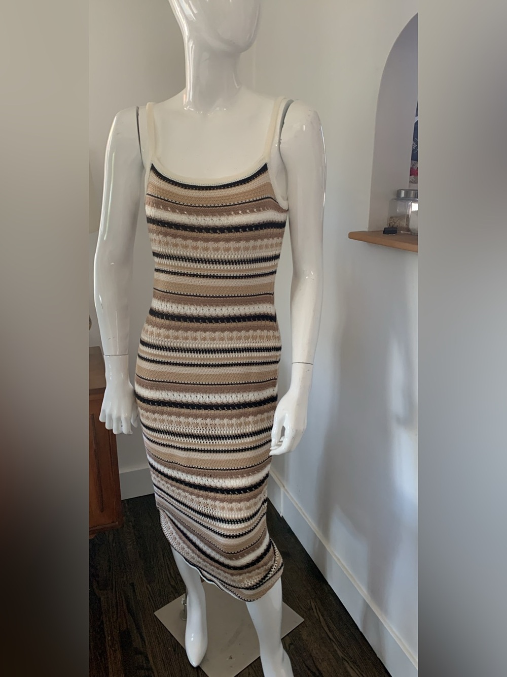 Striped Knit Midi Dress in Beige, Brown & White